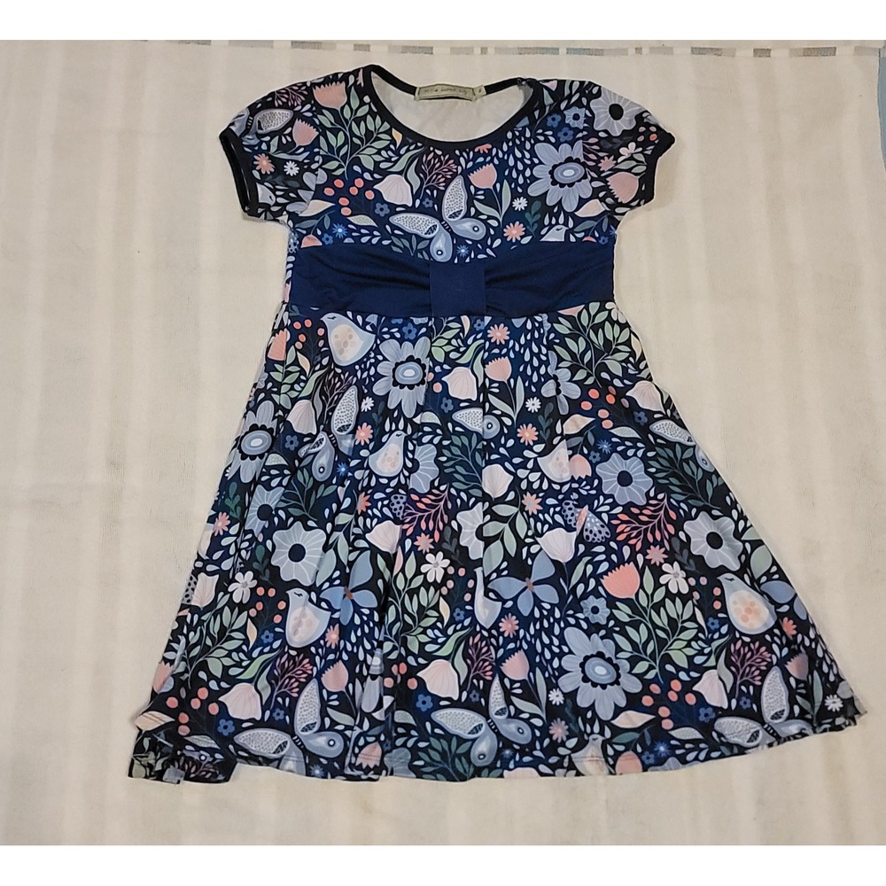 Millie Loves Lily Girls Navy Blue Floral/Bird/Butterfly Pattern Dress Size 6